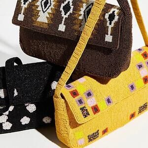 Free People Magic Moment Yellow Beaded Mid Mod Aztec Design Flap Shoulder Bag